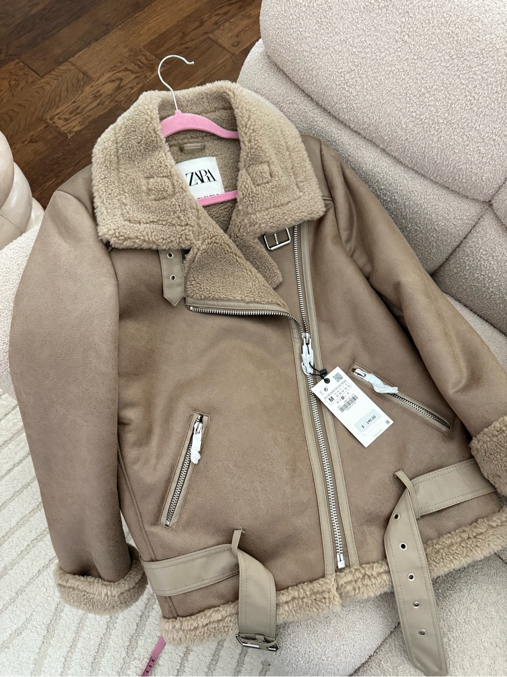 ZARA Taupe Faux Shearling Moto Jacket